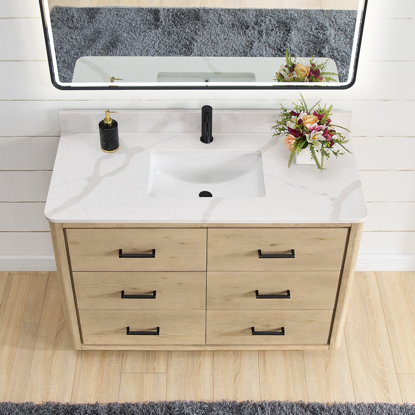 Vinnova, Porto 48" Free-standing Single Bath Vanity in Aged Natural Oak with Fish Maw White Quartz Stone Top and Mirror