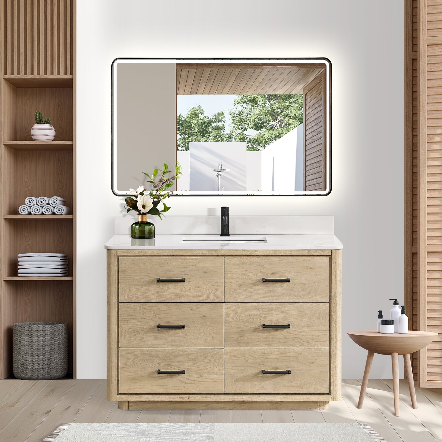 Vinnova, Porto 48" Free-standing Single Bath Vanity in Aged Natural Oak with Fish Maw White Quartz Stone Top and Mirror