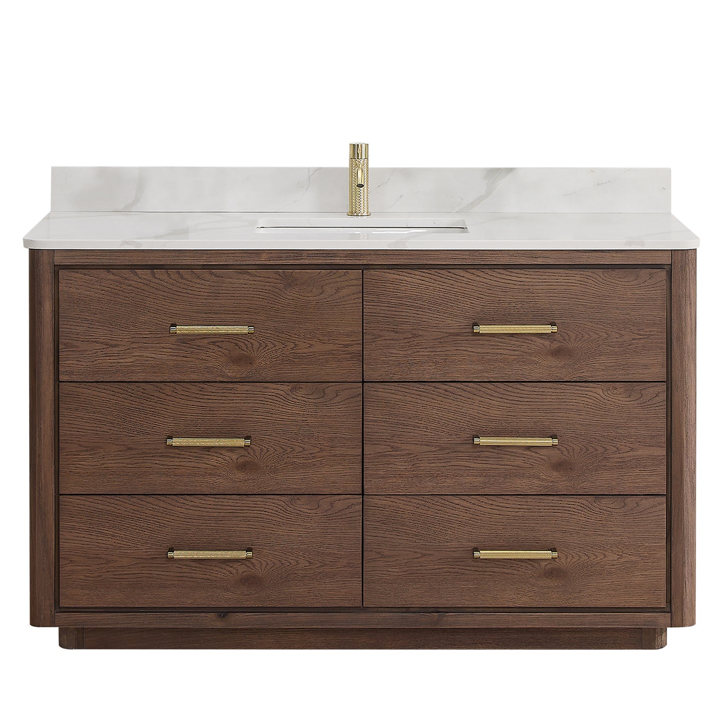 Vinnova, Porto 55" Free-standing Single Bath Vanity in Aged Dark Brown Oak with Fish Maw White Quartz Stone Top
