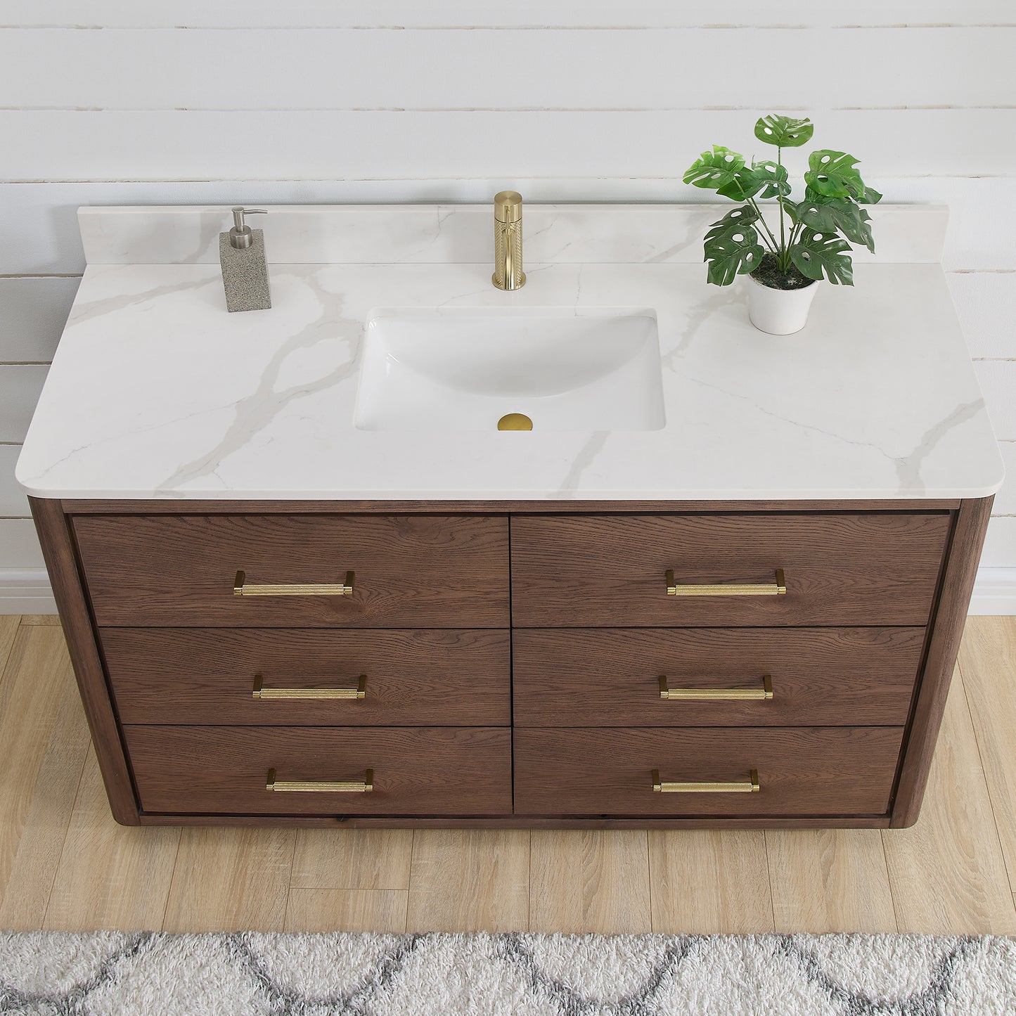 Vinnova, Porto 55" Free-standing Single Bath Vanity in Aged Dark Brown Oak with Fish Maw White Quartz Stone Top