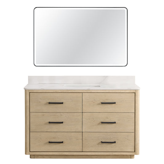 Vinnova, Porto 55" Free-standing Single Bath Vanity in Aged Natural Oak with Fish Maw White Quartz Stone Top and Mirror