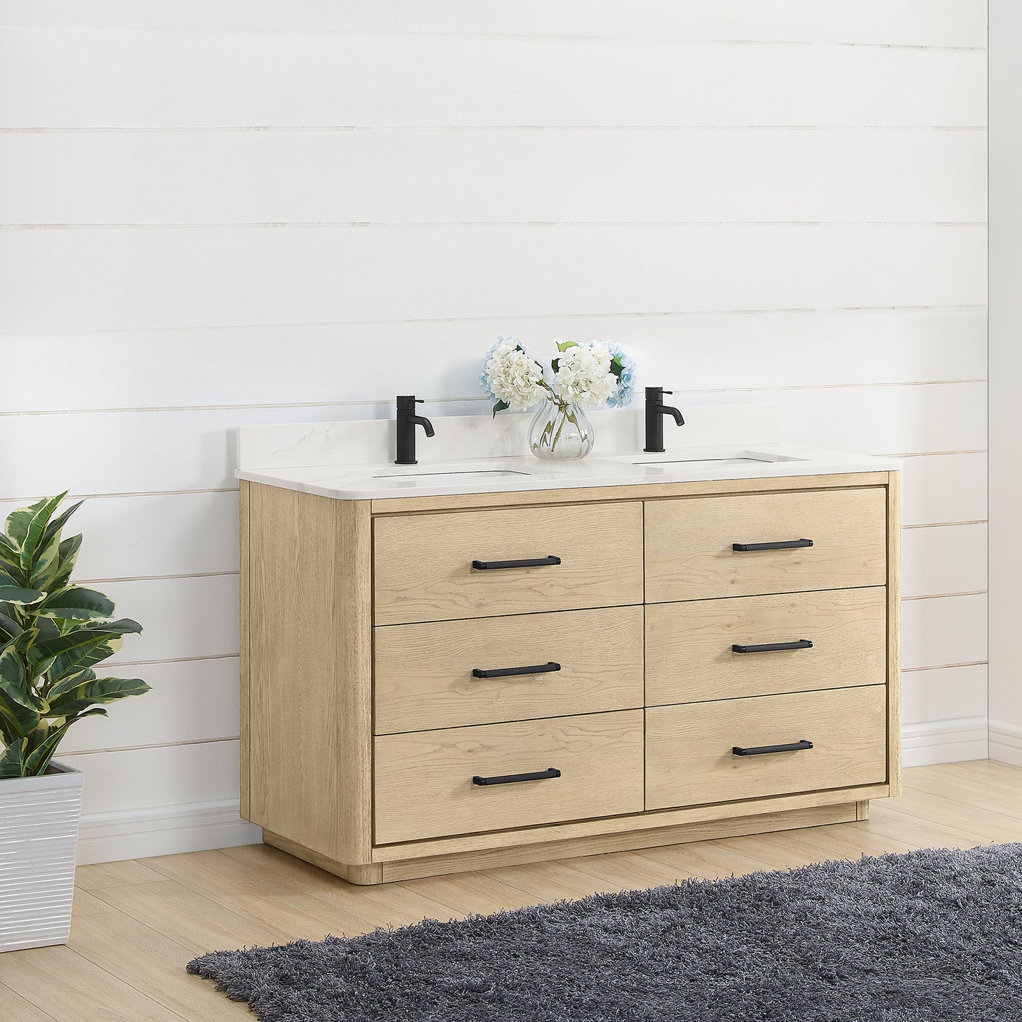 Vinnova, Porto 60M" Free-standing Double Bath Vanity in Aged Natural Oak with Fish Maw White Quartz Stone Top