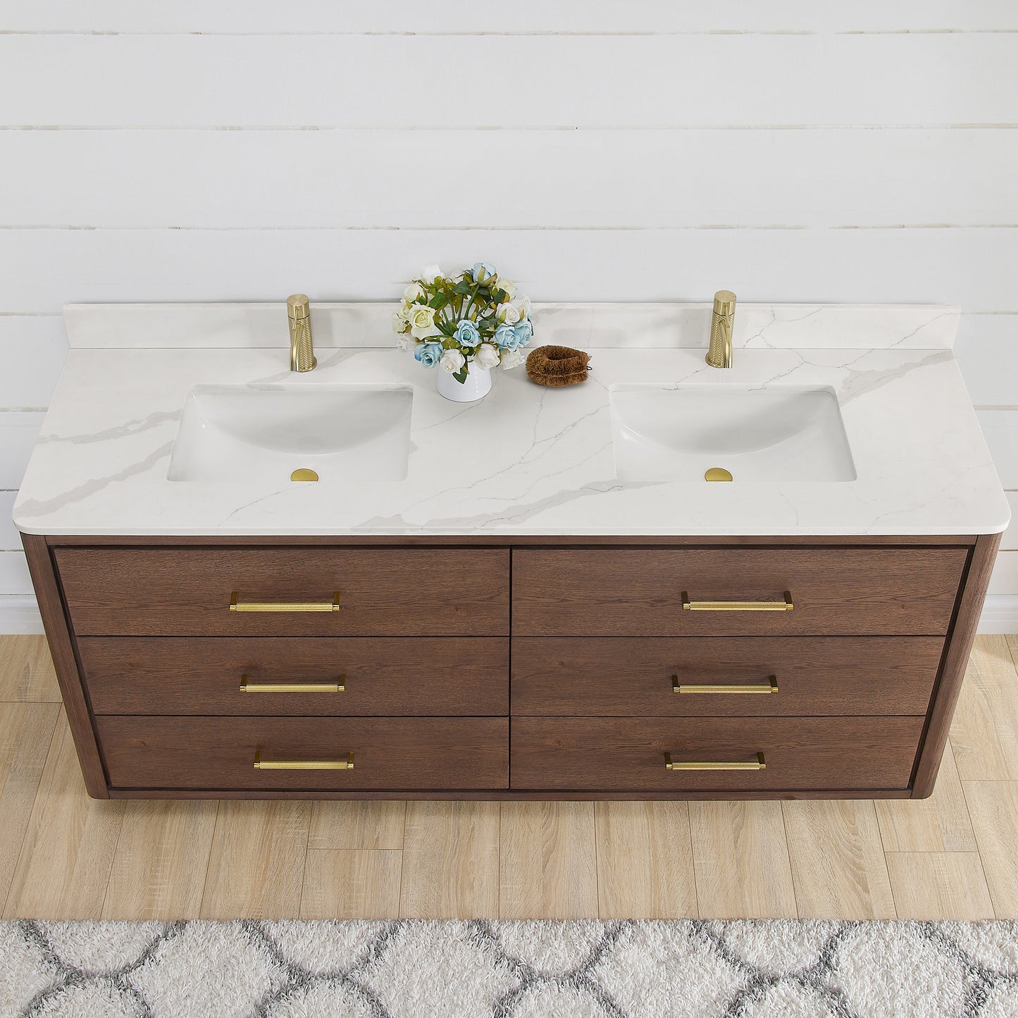 Vinnova, Porto 72" Free-standing Double Bath Vanity in Aged Dark Brown Oak with Fish Maw White Quartz Stone Top
