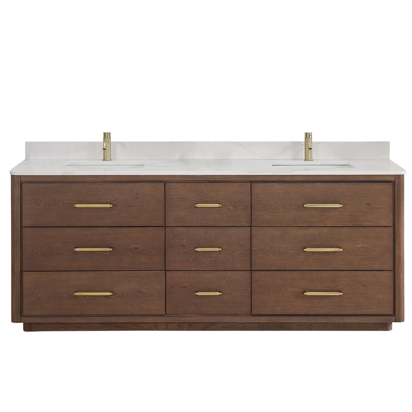 Vinnova, Porto 84" Free-standing Double Bath Vanity in Aged Dark Brown Oak with Fish Maw White Quartz Stone Top