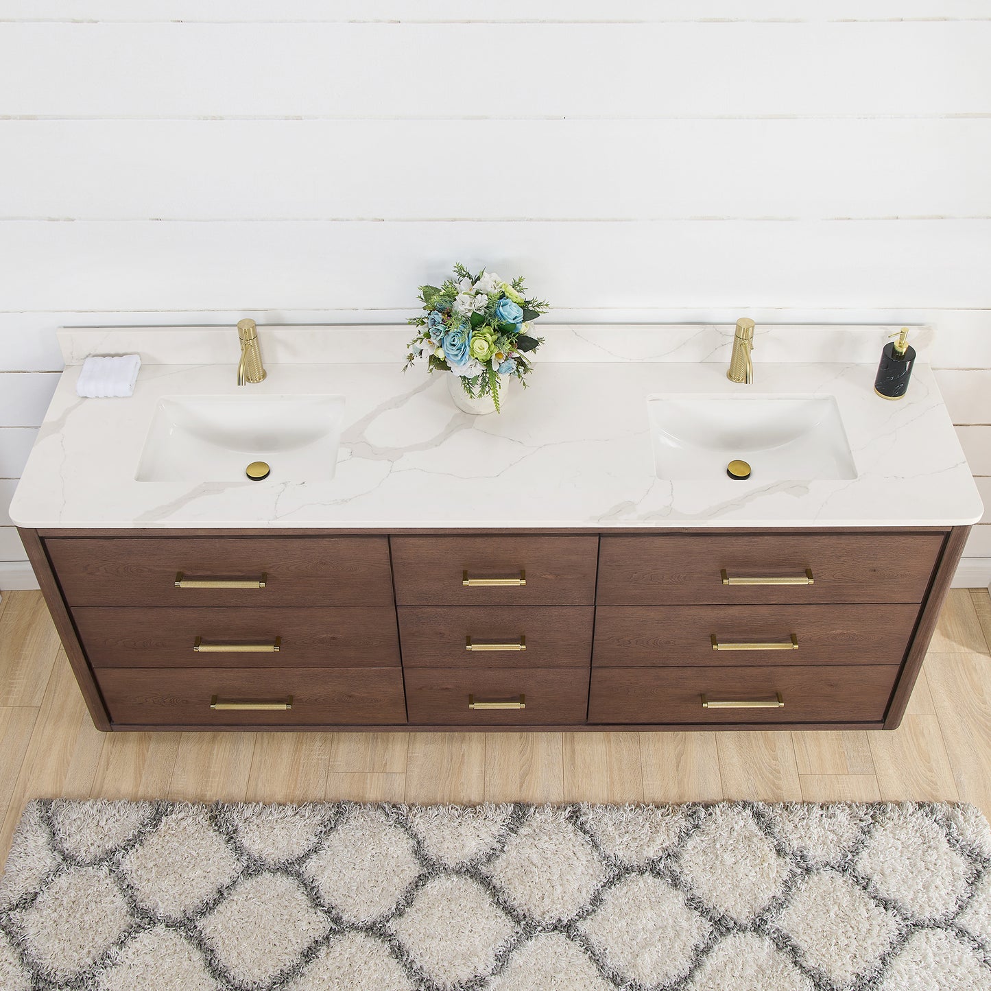 Vinnova, Porto 84" Free-standing Double Bath Vanity in Aged Dark Brown Oak with Fish Maw White Quartz Stone Top