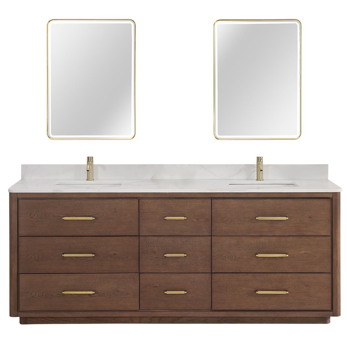 Vinnova, Porto 84" Free-standing Double Bath Vanity in Aged Dark Brown Oak with Fish Maw White Quartz Stone Top and Mirror