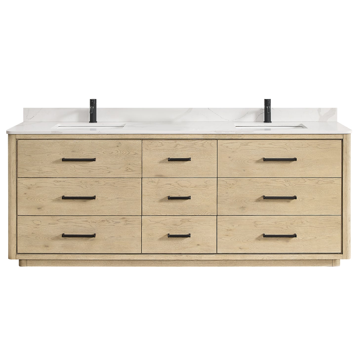 Vinnova, Porto 84" Free-standing Double Bath Vanity in Aged Natural Oak with Fish Maw White Quartz Stone Top