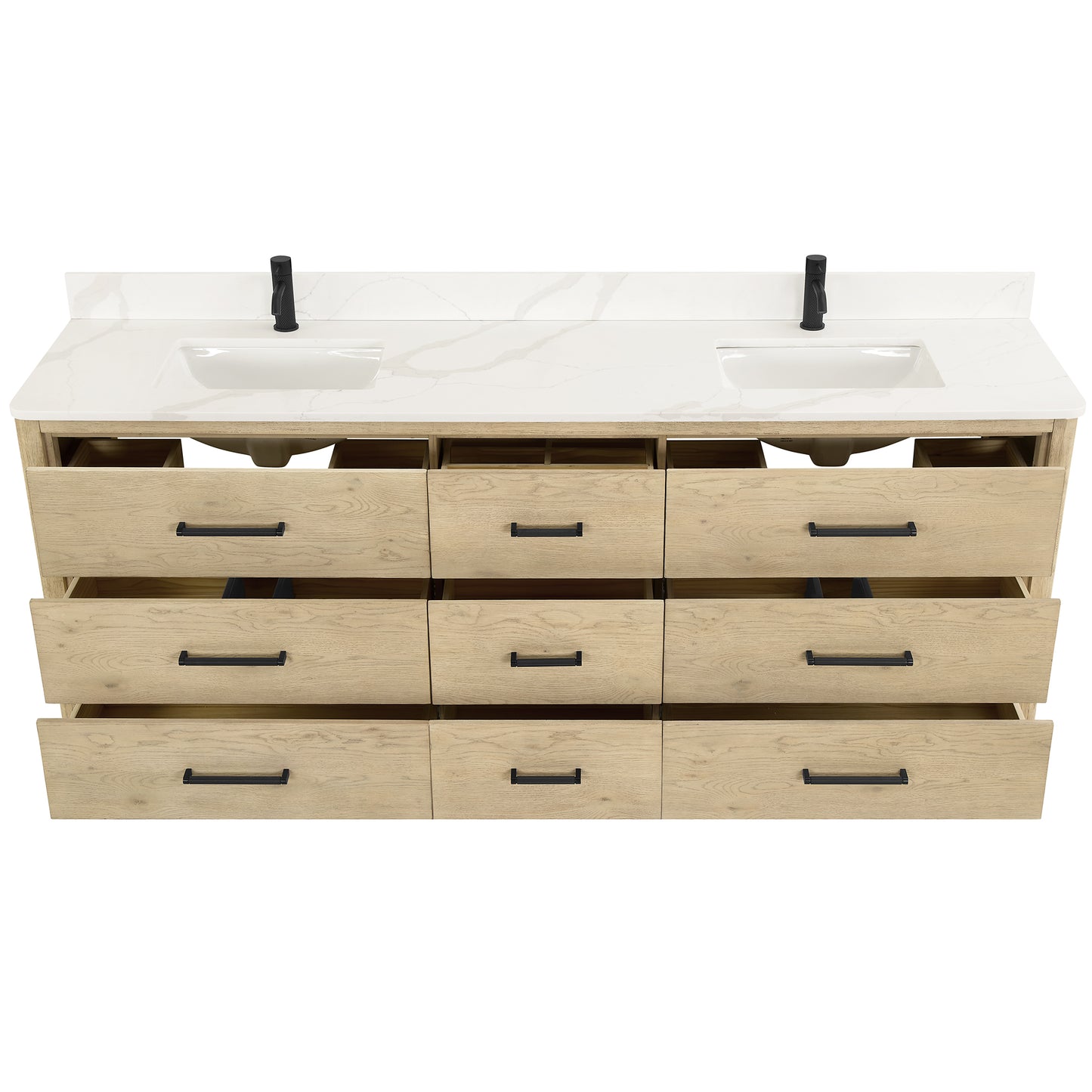 Vinnova, Porto 84" Free-standing Double Bath Vanity in Aged Natural Oak with Fish Maw White Quartz Stone Top