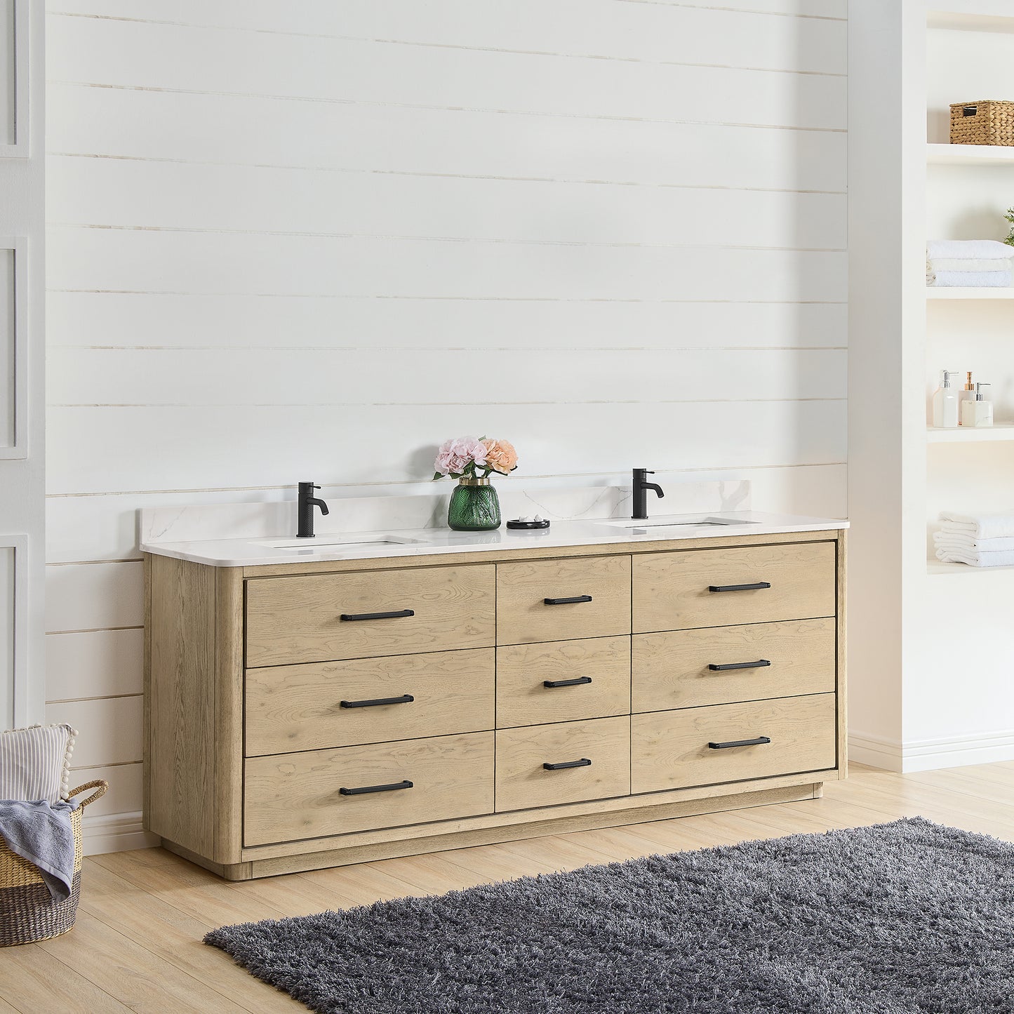 Vinnova, Porto 84" Free-standing Double Bath Vanity in Aged Natural Oak with Fish Maw White Quartz Stone Top