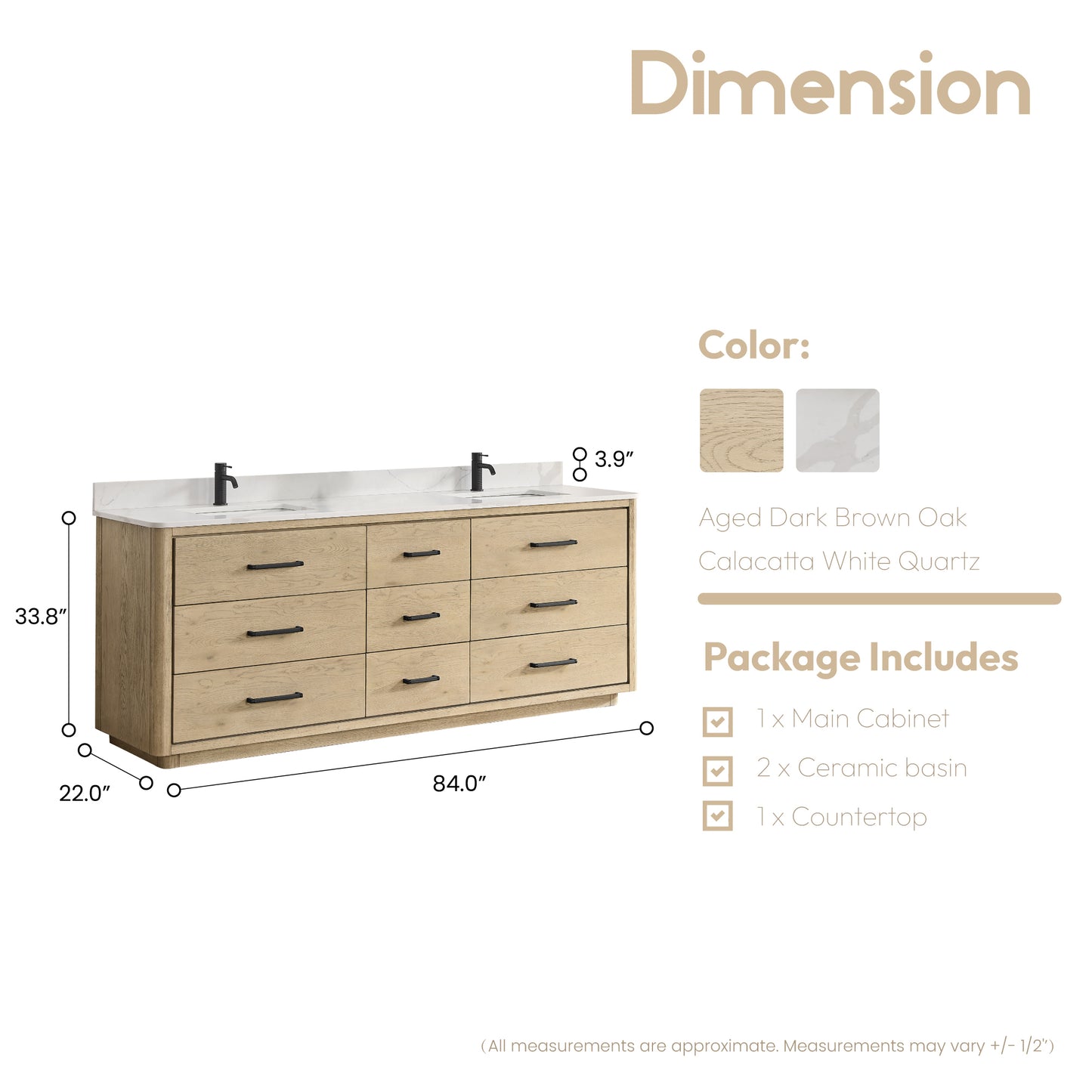 Vinnova, Porto 84" Free-standing Double Bath Vanity in Aged Natural Oak with Fish Maw White Quartz Stone Top