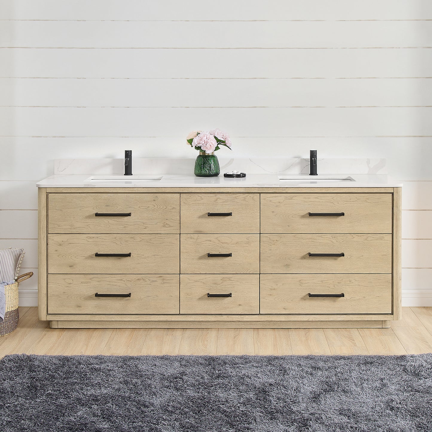 Vinnova, Porto 84" Free-standing Double Bath Vanity in Aged Natural Oak with Fish Maw White Quartz Stone Top