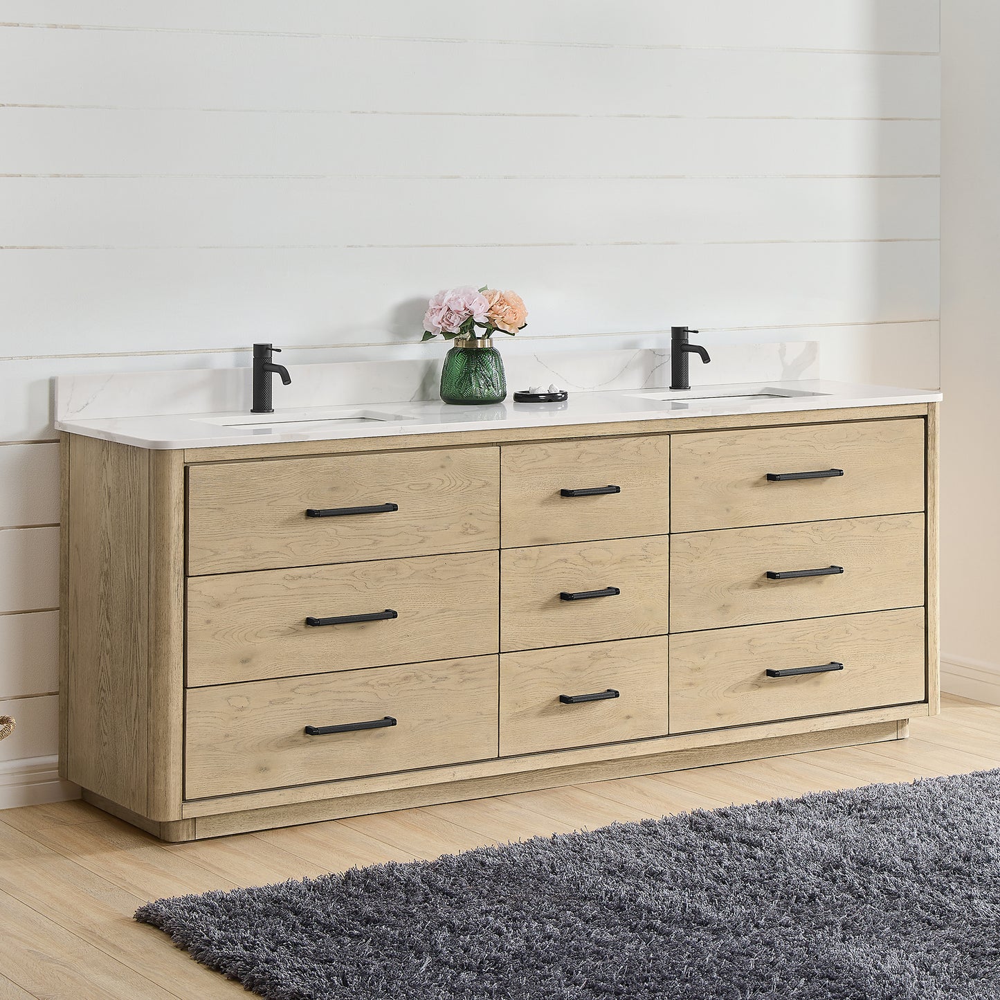 Vinnova, Porto 84" Free-standing Double Bath Vanity in Aged Natural Oak with Fish Maw White Quartz Stone Top