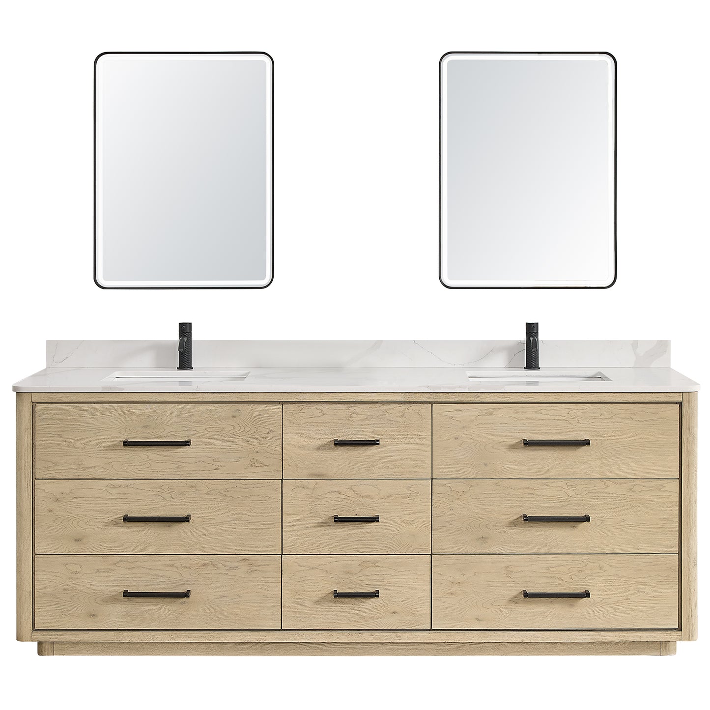Vinnova, Porto 84" Free-standing Double Bath Vanity in Aged Natural Oak with Fish Maw White Quartz Stone Top and Mirror