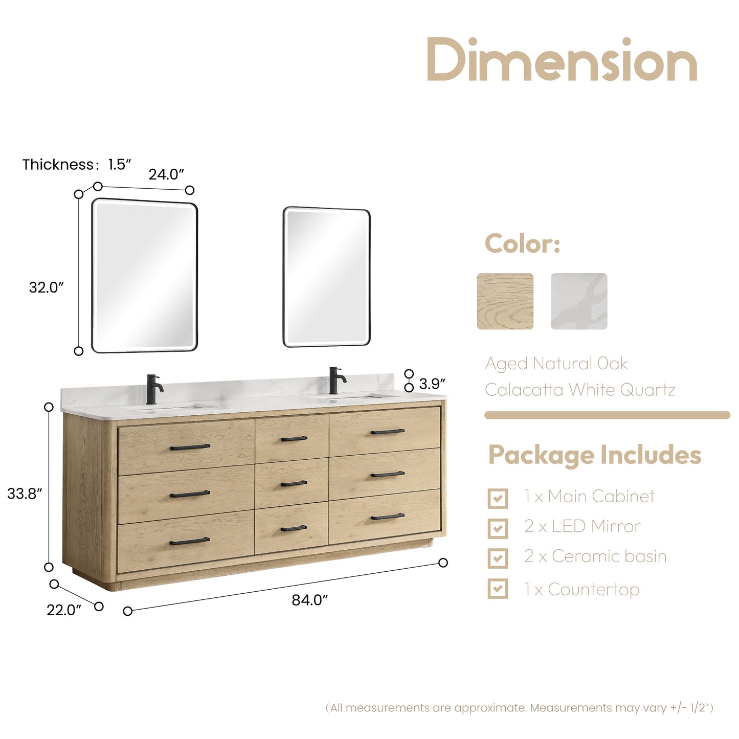 Vinnova, Porto 84" Free-standing Double Bath Vanity in Aged Natural Oak with Fish Maw White Quartz Stone Top and Mirror