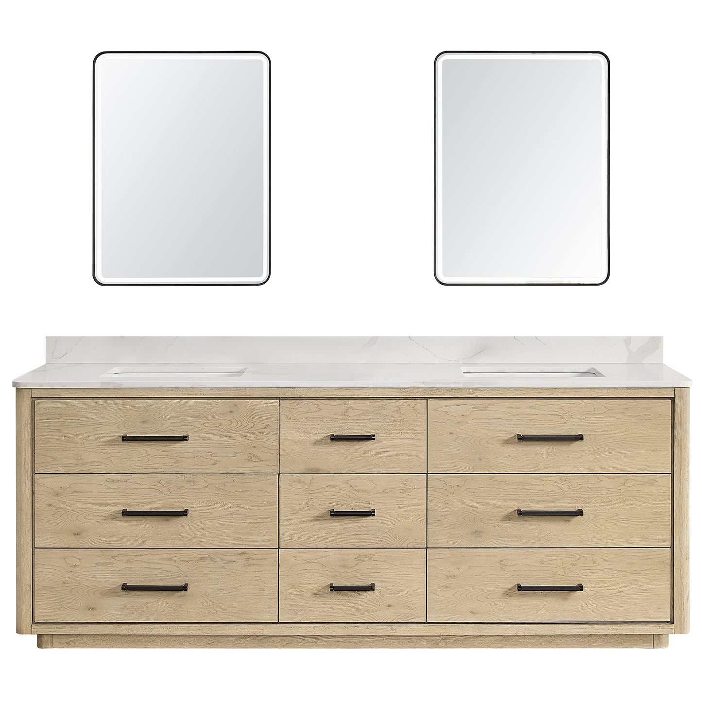 Vinnova, Porto 84" Free-standing Double Bath Vanity in Aged Natural Oak with Fish Maw White Quartz Stone Top and Mirror
