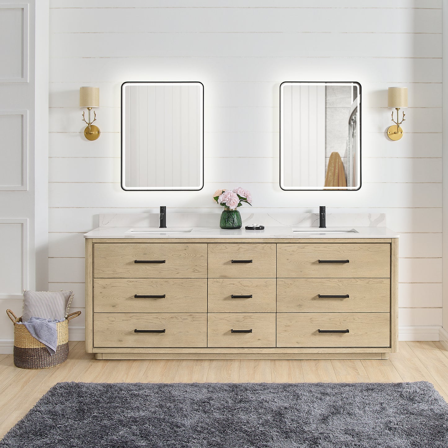 Vinnova, Porto 84" Free-standing Double Bath Vanity in Aged Natural Oak with Fish Maw White Quartz Stone Top and Mirror