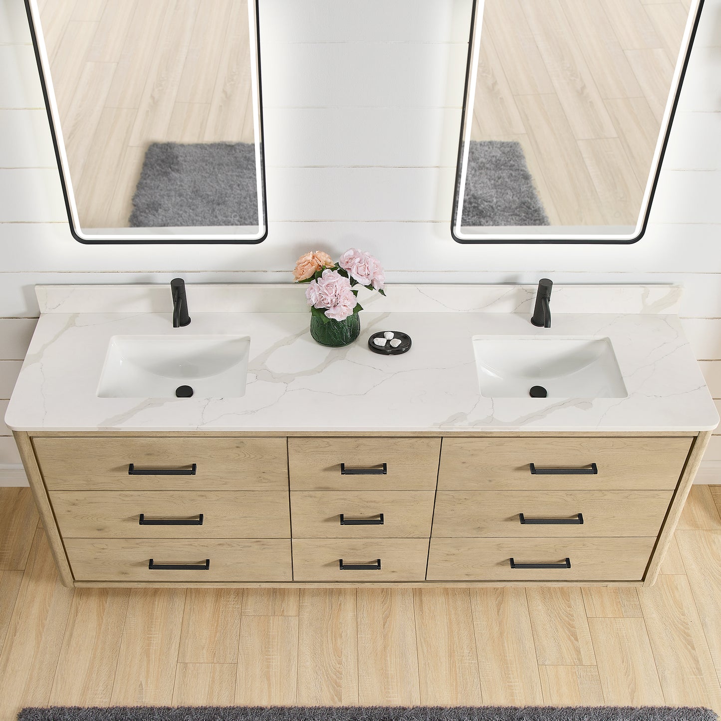 Vinnova, Porto 84" Free-standing Double Bath Vanity in Aged Natural Oak with Fish Maw White Quartz Stone Top and Mirror