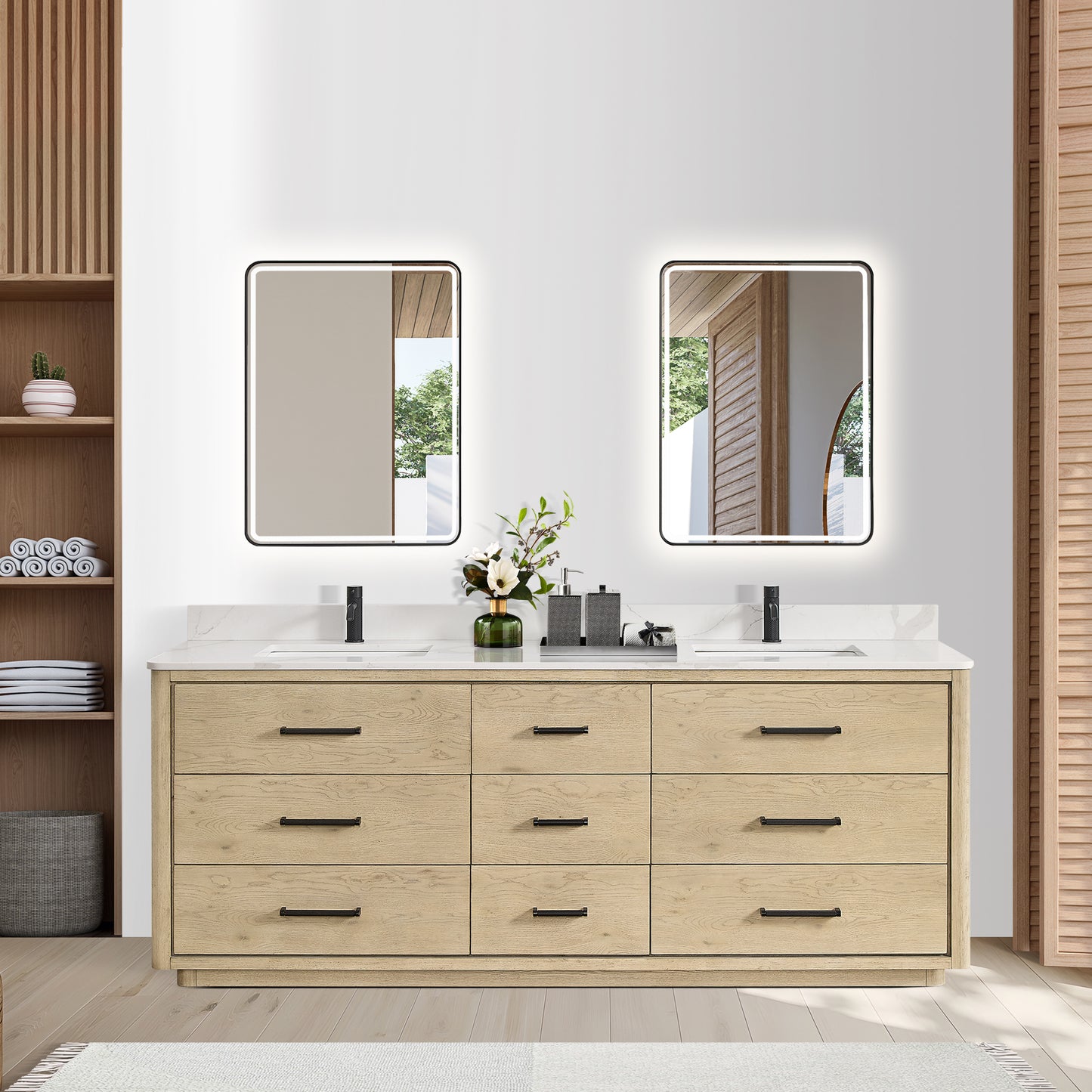 Vinnova, Porto 84" Free-standing Double Bath Vanity in Aged Natural Oak with Fish Maw White Quartz Stone Top and Mirror