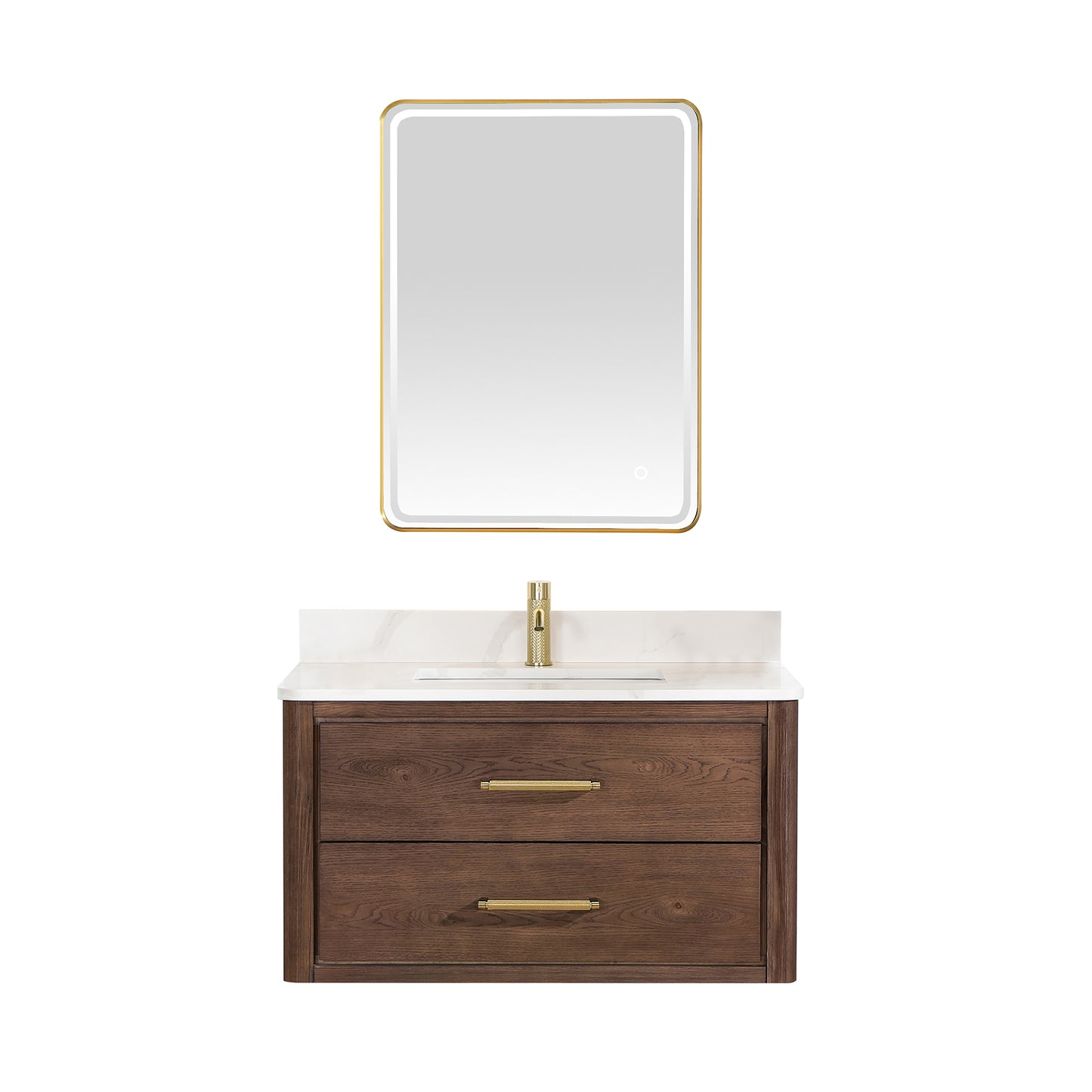 Vinnova, Cristo 36" Floating Single Bath Vanity in Aged Dark Brown Oak with Fish Maw White Quartz Stone Top and Mirror