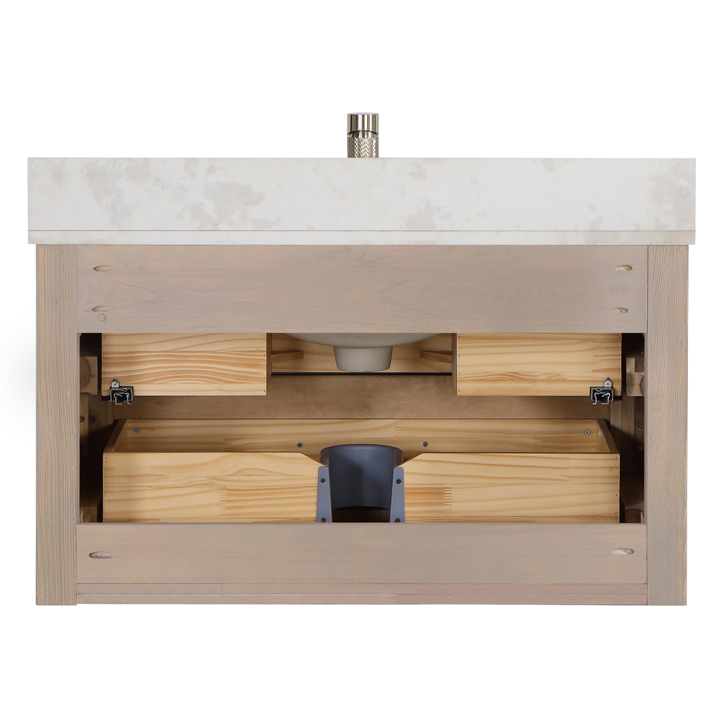 Vinnova, Cristo 36" Floating Single Bath Vanity in Aged Dark Brown Oak with Fish Maw White Quartz Stone Top and Mirror
