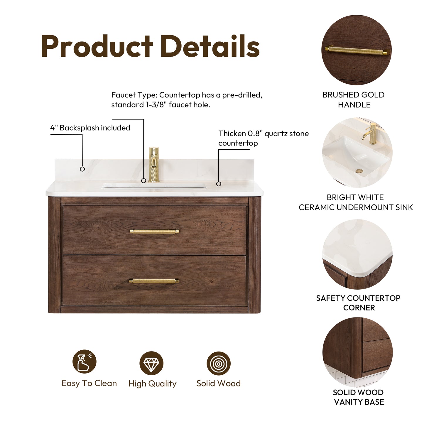 Vinnova, Cristo 36" Floating Single Bath Vanity in Aged Dark Brown Oak with Fish Maw White Quartz Stone Top and Mirror