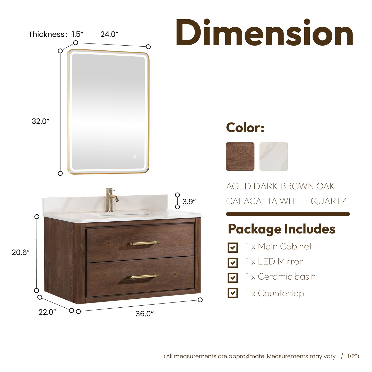 Vinnova, Cristo 36" Floating Single Bath Vanity in Aged Dark Brown Oak with Fish Maw White Quartz Stone Top and Mirror