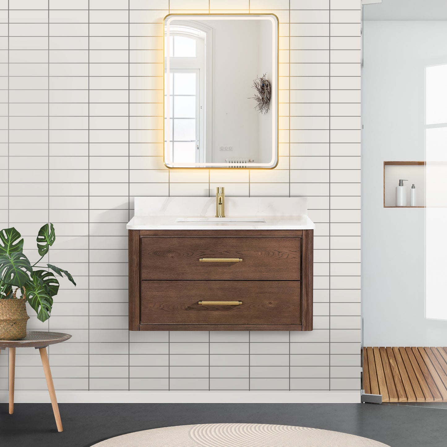 Vinnova, Cristo 36" Floating Single Bath Vanity in Aged Dark Brown Oak with Fish Maw White Quartz Stone Top and Mirror