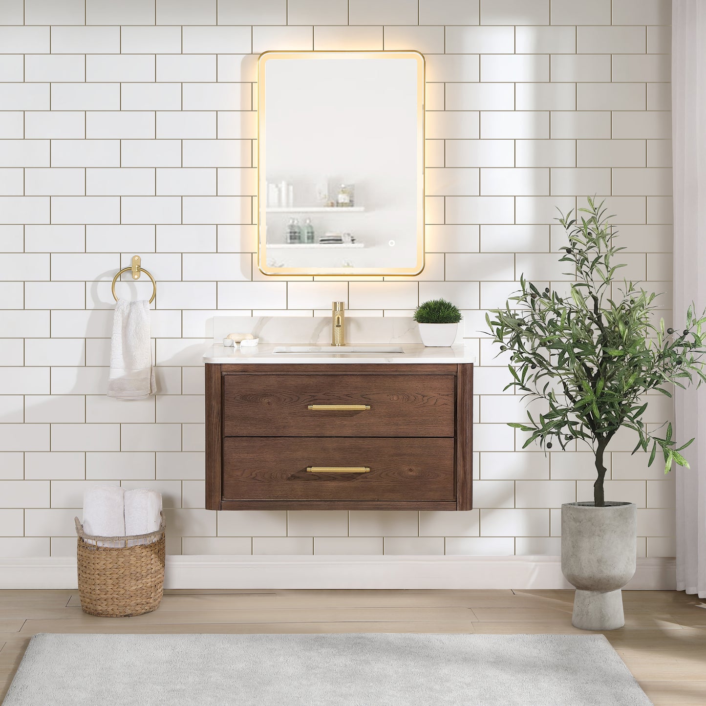 Vinnova, Cristo 36" Floating Single Bath Vanity in Aged Dark Brown Oak with Fish Maw White Quartz Stone Top and Mirror
