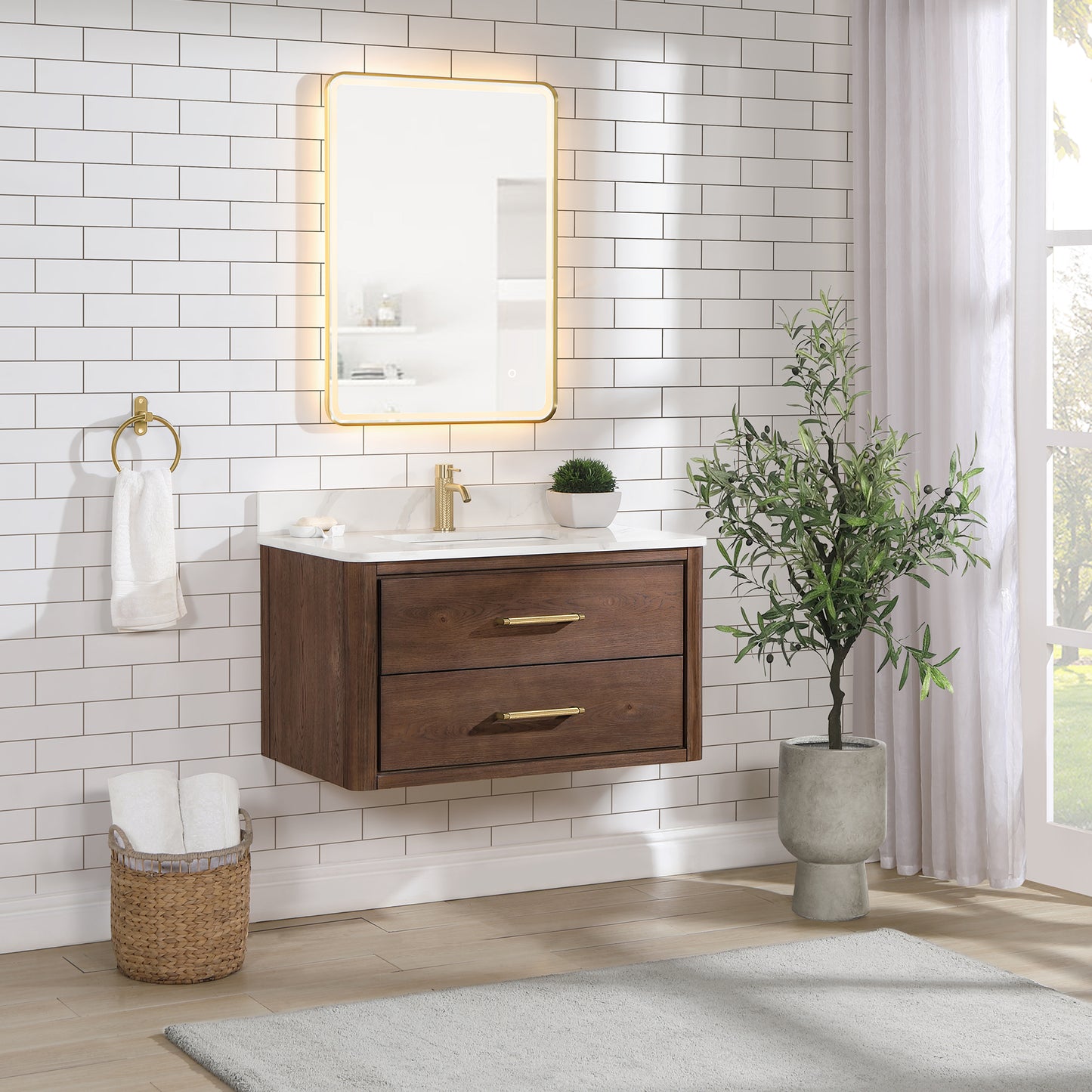 Vinnova, Cristo 36" Floating Single Bath Vanity in Aged Dark Brown Oak with Fish Maw White Quartz Stone Top and Mirror