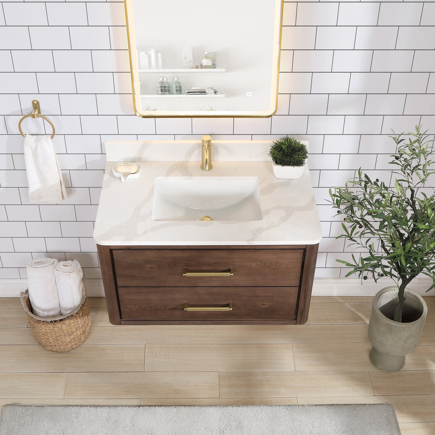 Vinnova, Cristo 36" Floating Single Bath Vanity in Aged Dark Brown Oak with Fish Maw White Quartz Stone Top and Mirror