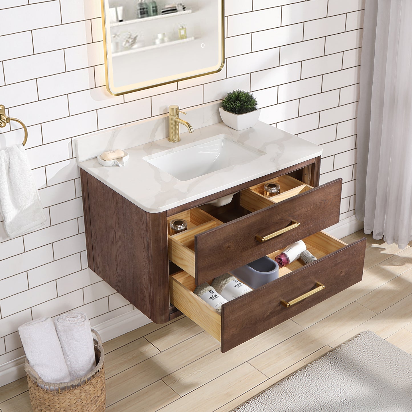 Vinnova, Cristo 36" Floating Single Bath Vanity in Aged Dark Brown Oak with Fish Maw White Quartz Stone Top and Mirror
