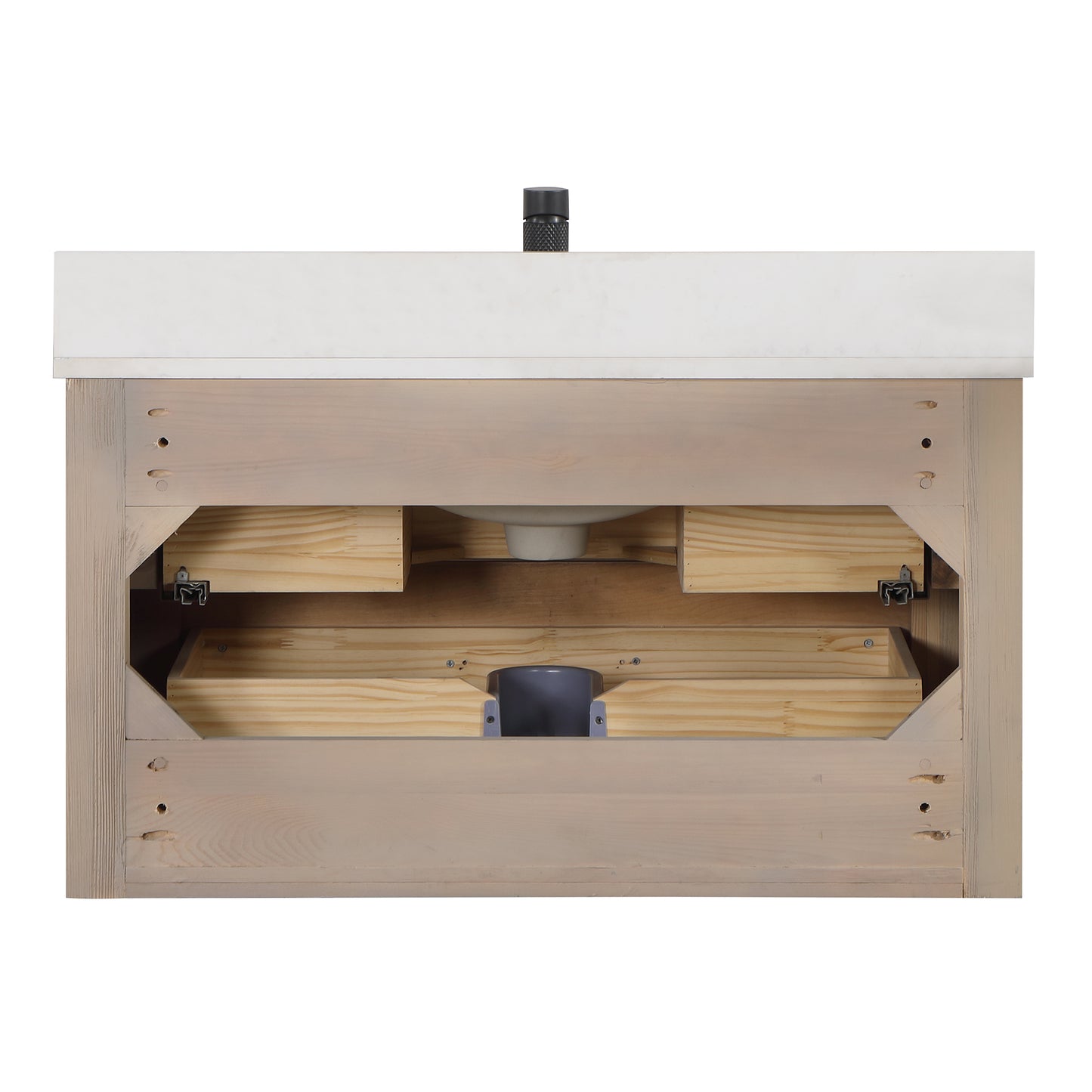Vinnova, Cristo 36" Floating Single Bath Vanity in Fir Wood Brown with Fish Maw White Quartz Stone Top and Mirror