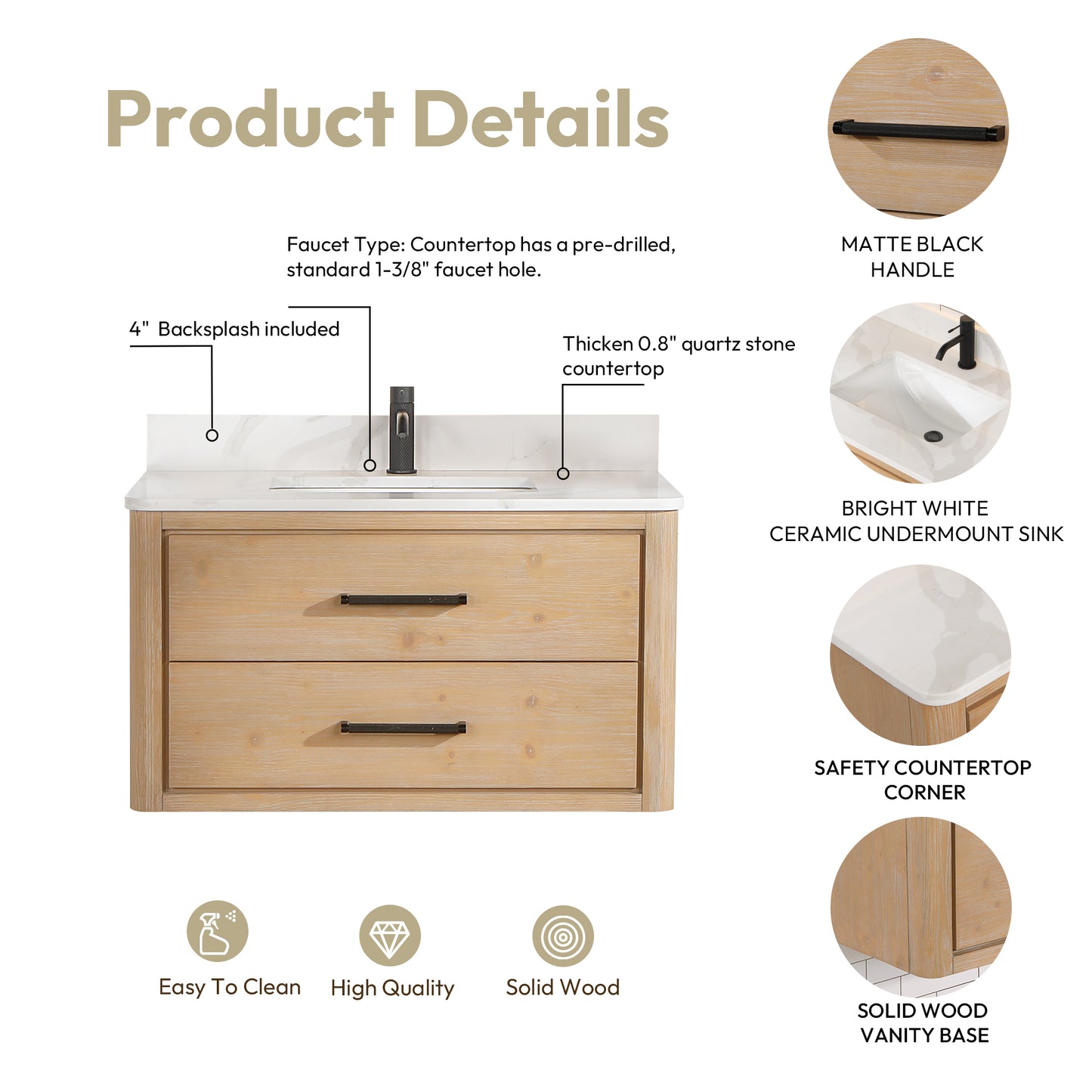 Vinnova, Cristo 36" Floating Single Bath Vanity in Fir Wood Brown with Fish Maw White Quartz Stone Top and Mirror