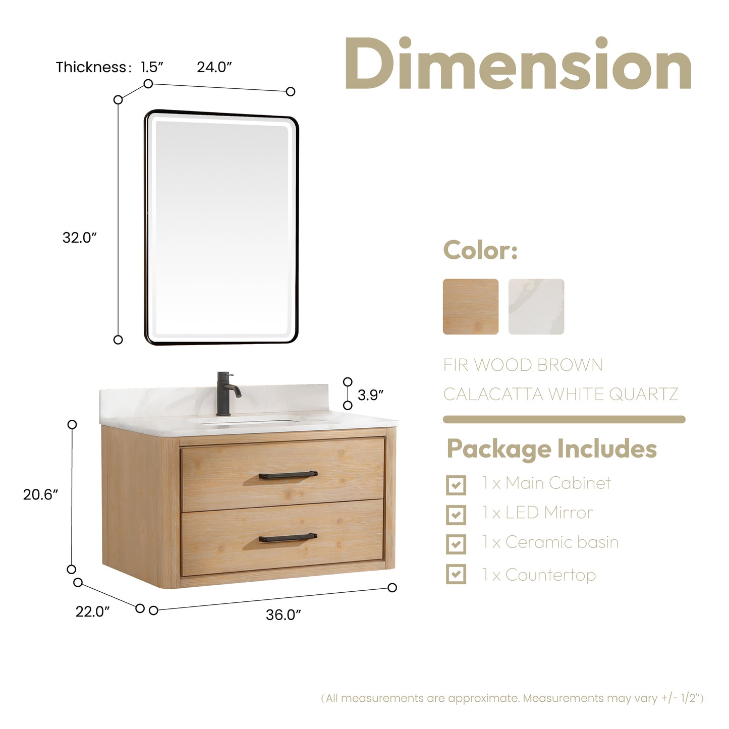 Vinnova, Cristo 36" Floating Single Bath Vanity in Fir Wood Brown with Fish Maw White Quartz Stone Top and Mirror