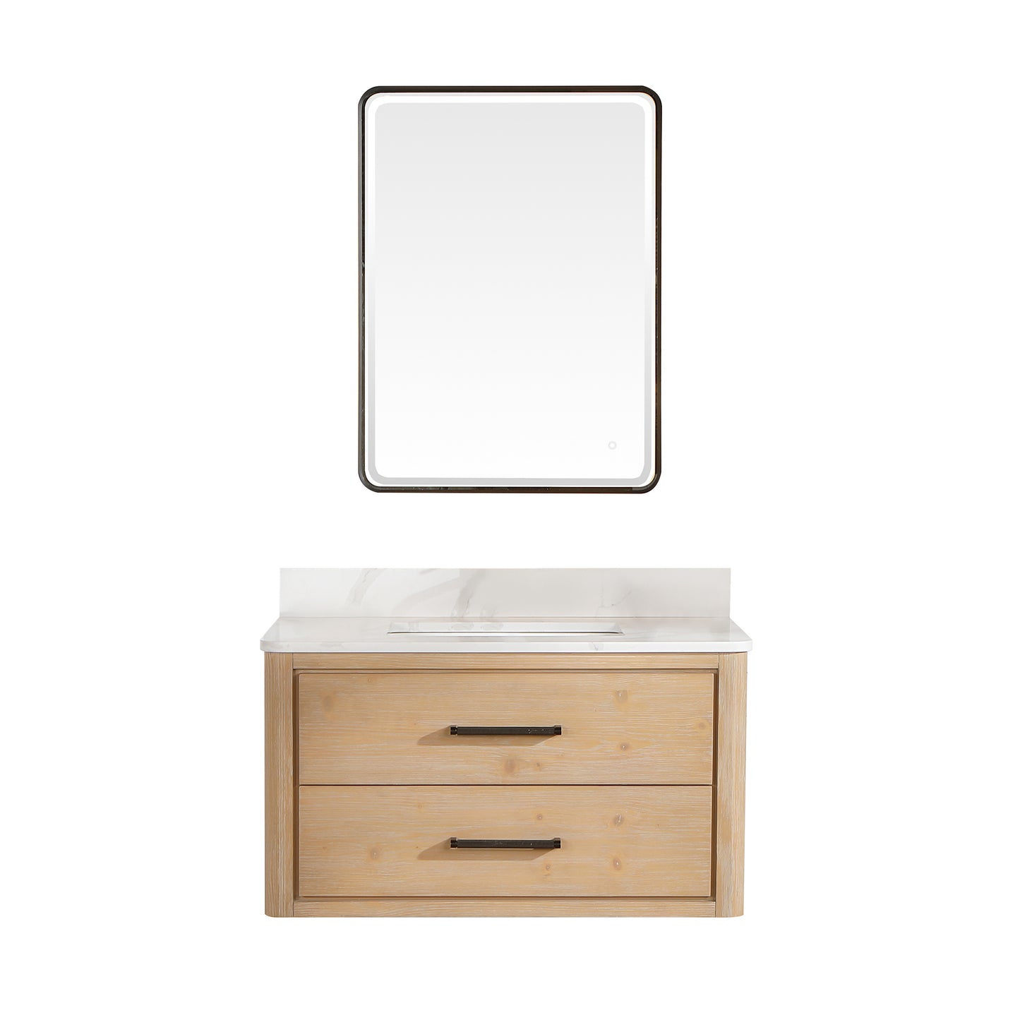 Vinnova, Cristo 36" Floating Single Bath Vanity in Fir Wood Brown with Fish Maw White Quartz Stone Top and Mirror
