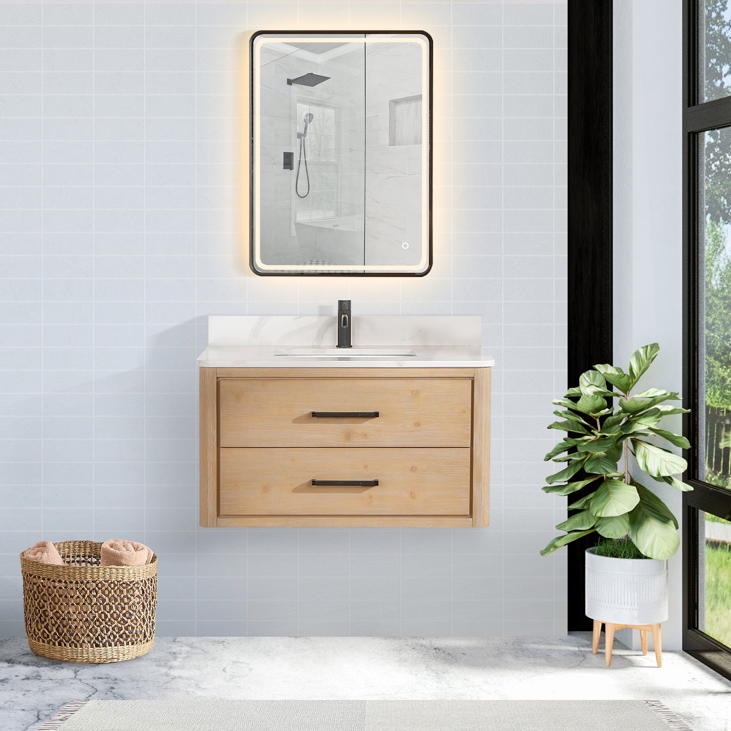 Vinnova, Cristo 36" Floating Single Bath Vanity in Fir Wood Brown with Fish Maw White Quartz Stone Top and Mirror