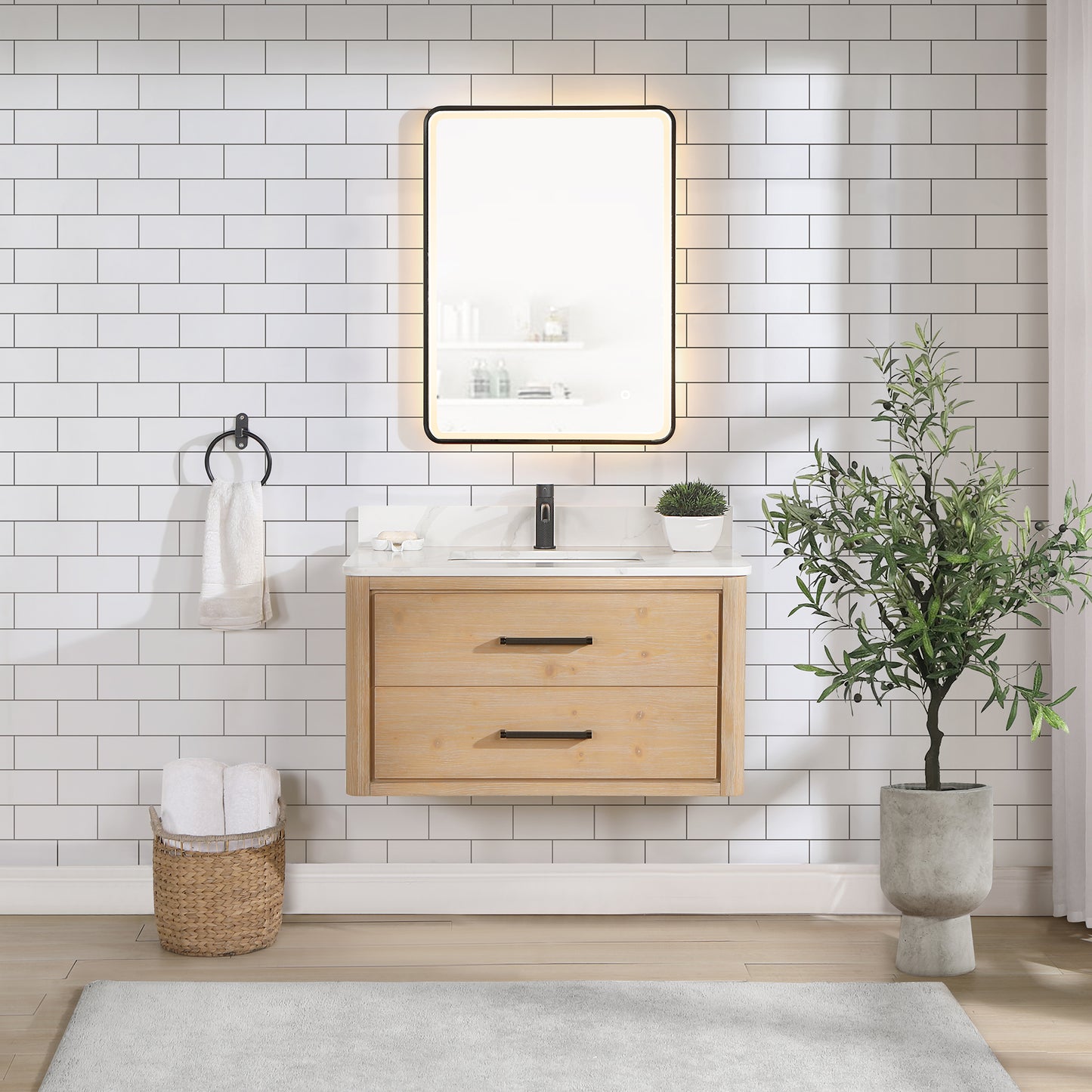 Vinnova, Cristo 36" Floating Single Bath Vanity in Fir Wood Brown with Fish Maw White Quartz Stone Top and Mirror