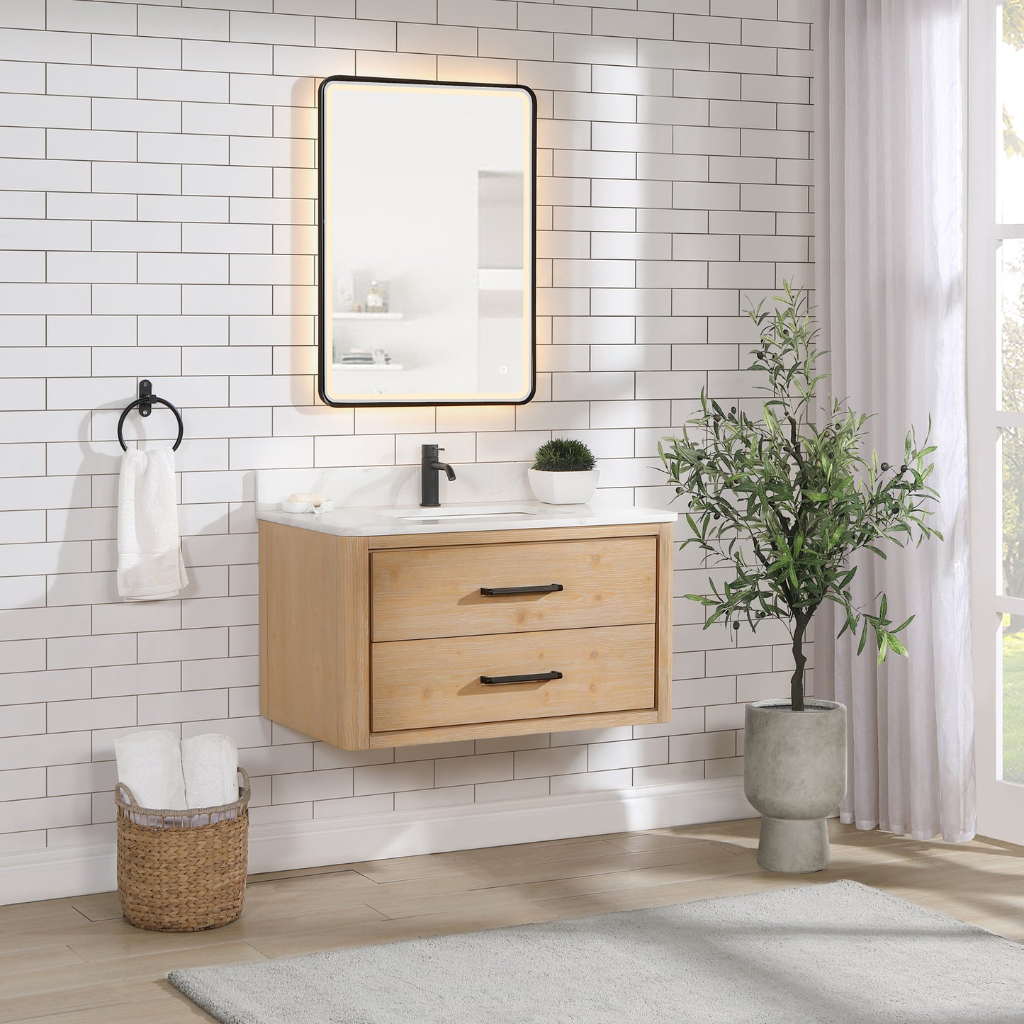 Vinnova, Cristo 36" Floating Single Bath Vanity in Fir Wood Brown with Fish Maw White Quartz Stone Top and Mirror