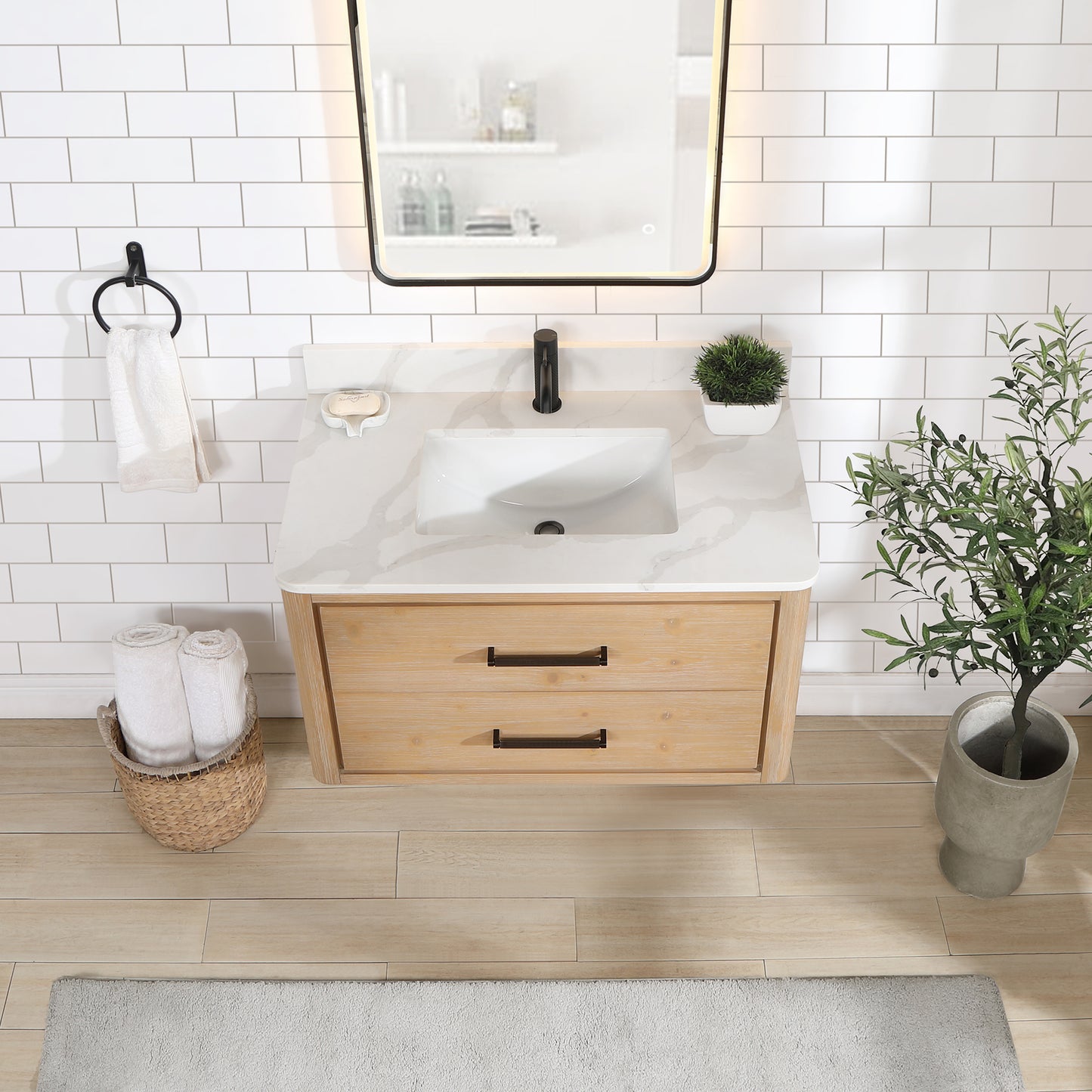 Vinnova, Cristo 36" Floating Single Bath Vanity in Fir Wood Brown with Fish Maw White Quartz Stone Top and Mirror