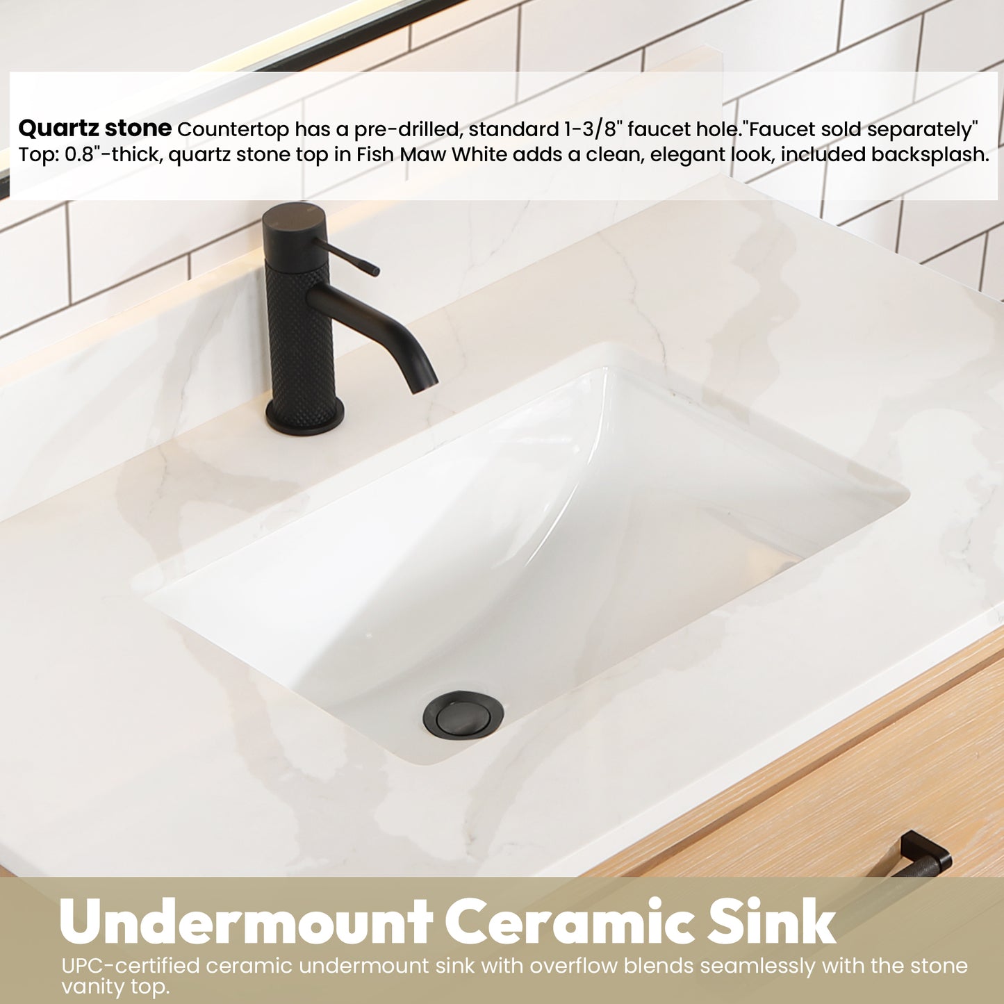 Vinnova, Cristo 36" Floating Single Bath Vanity in Fir Wood Brown with Fish Maw White Quartz Stone Top and Mirror