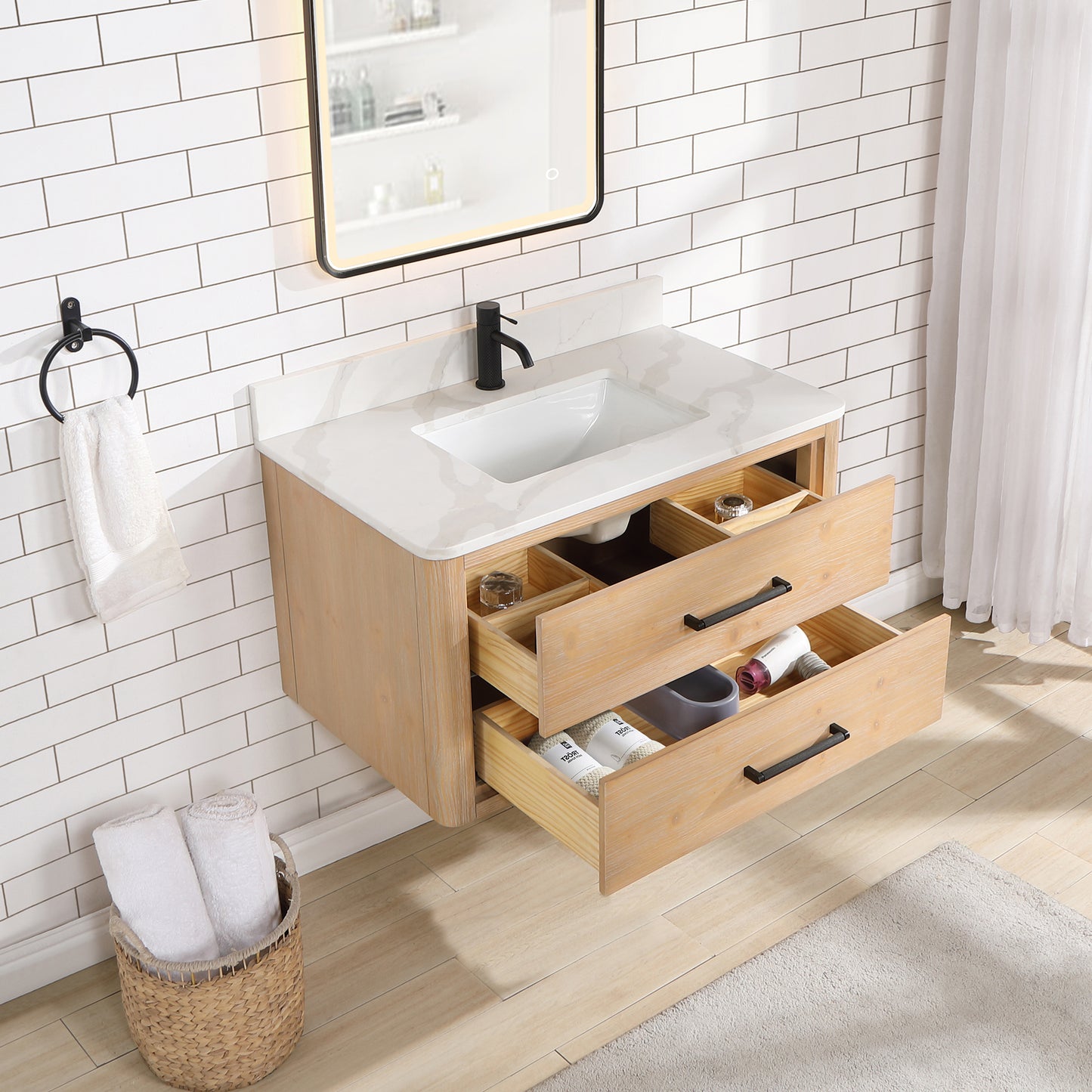 Vinnova, Cristo 36" Floating Single Bath Vanity in Fir Wood Brown with Fish Maw White Quartz Stone Top and Mirror
