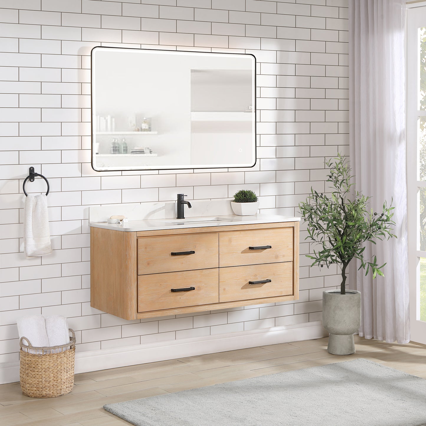 Vinnova, Cristo 48" Floating Single Bath Vanity in Fir Wood Brown with Fish Maw White Quartz Stone Top