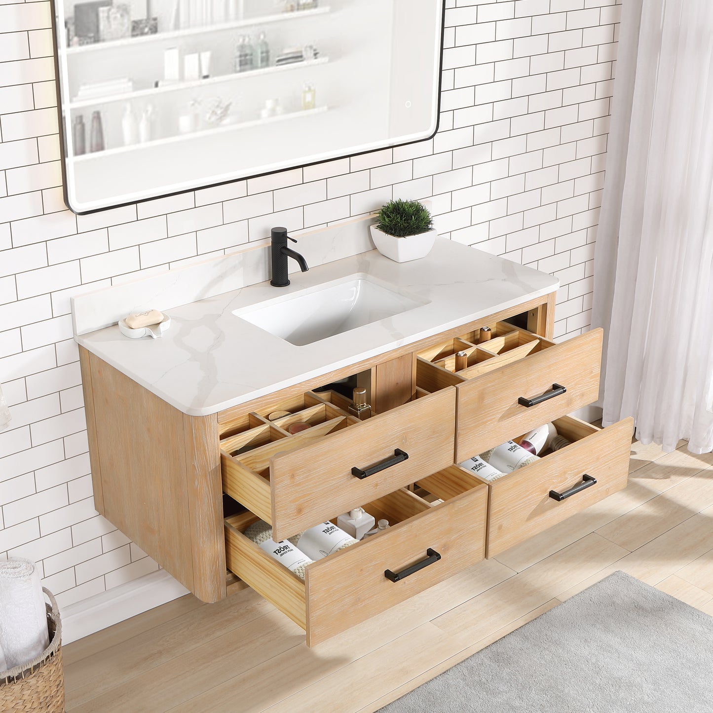 Vinnova, Cristo 48" Floating Single Bath Vanity in Fir Wood Brown with Fish Maw White Quartz Stone Top