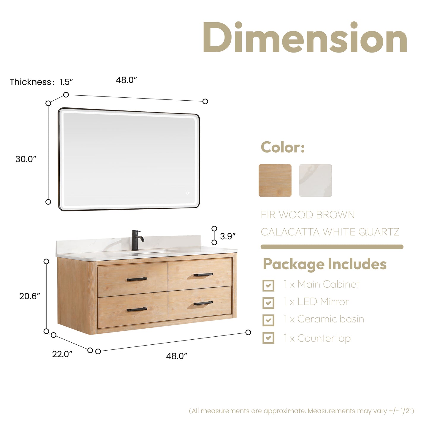 Vinnova, Cristo 48" Floating Single Bath Vanity in Fir Wood Brown with Fish Maw White Quartz Stone Top and Mirror