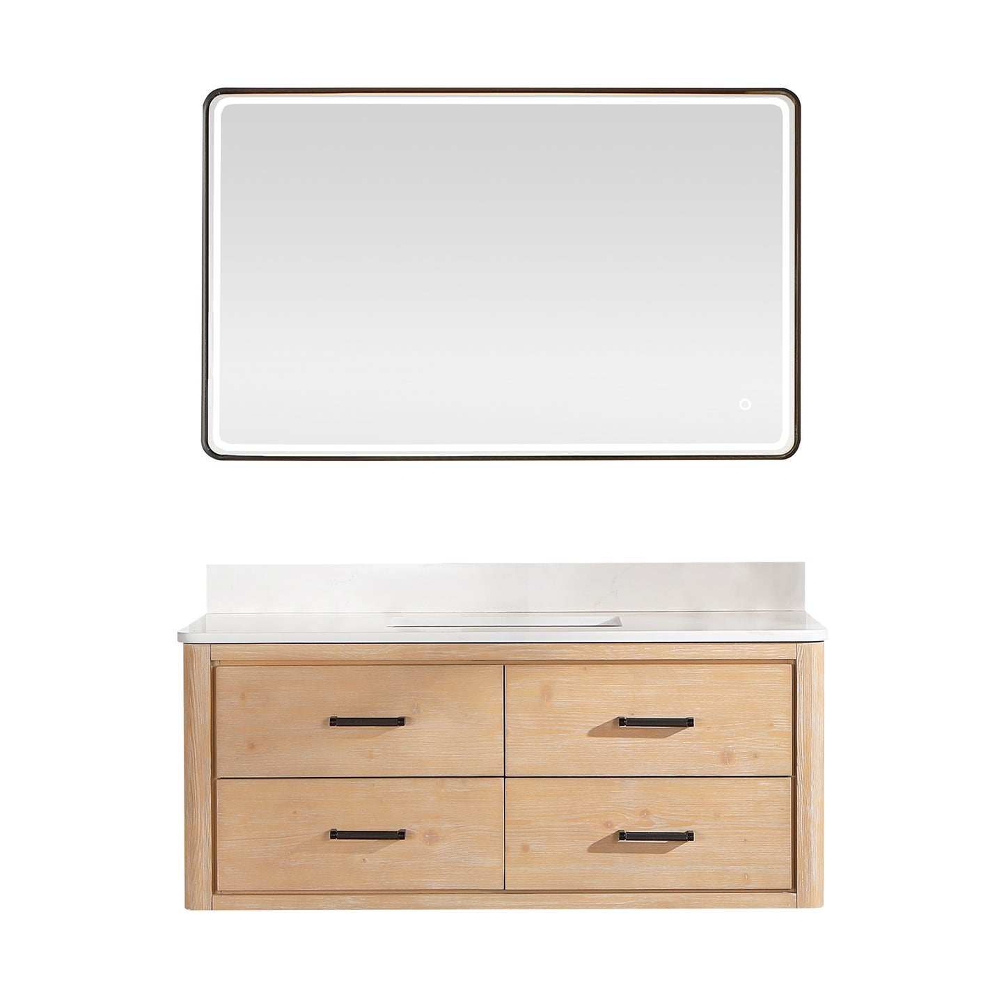 Vinnova, Cristo 48" Floating Single Bath Vanity in Fir Wood Brown with Fish Maw White Quartz Stone Top and Mirror