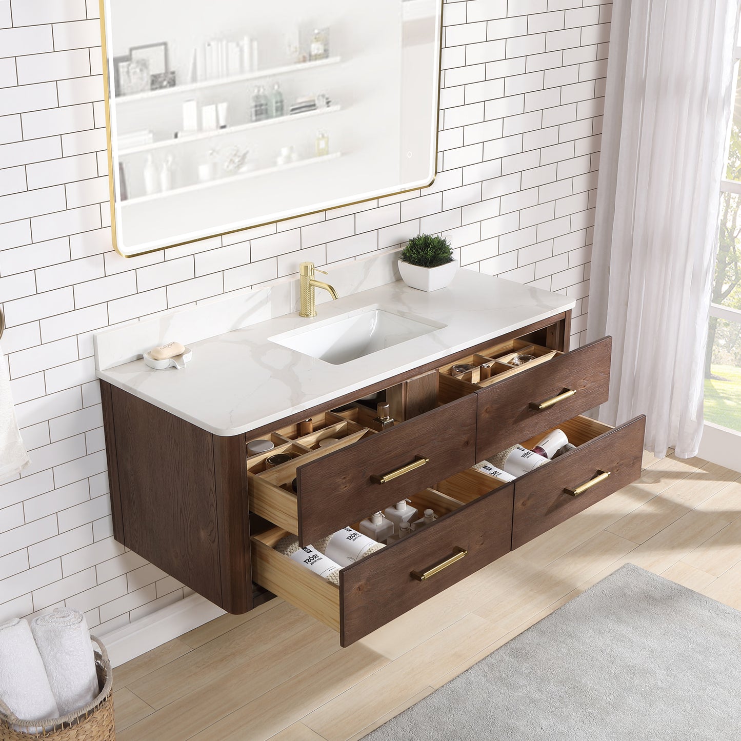 Vinnova, Cristo 55" Floating Single Bath Vanity in Aged Dark Brown Oak with Fish Maw White Quartz Stone Top and Mirror