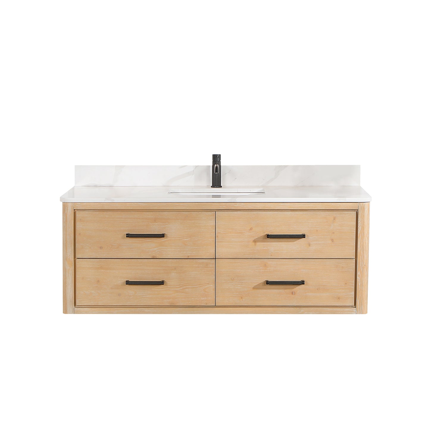 Vinnova, Cristo 55" Floating Single Bath Vanity in Fir Wood Brown with Fish Maw White Quartz Stone Top
