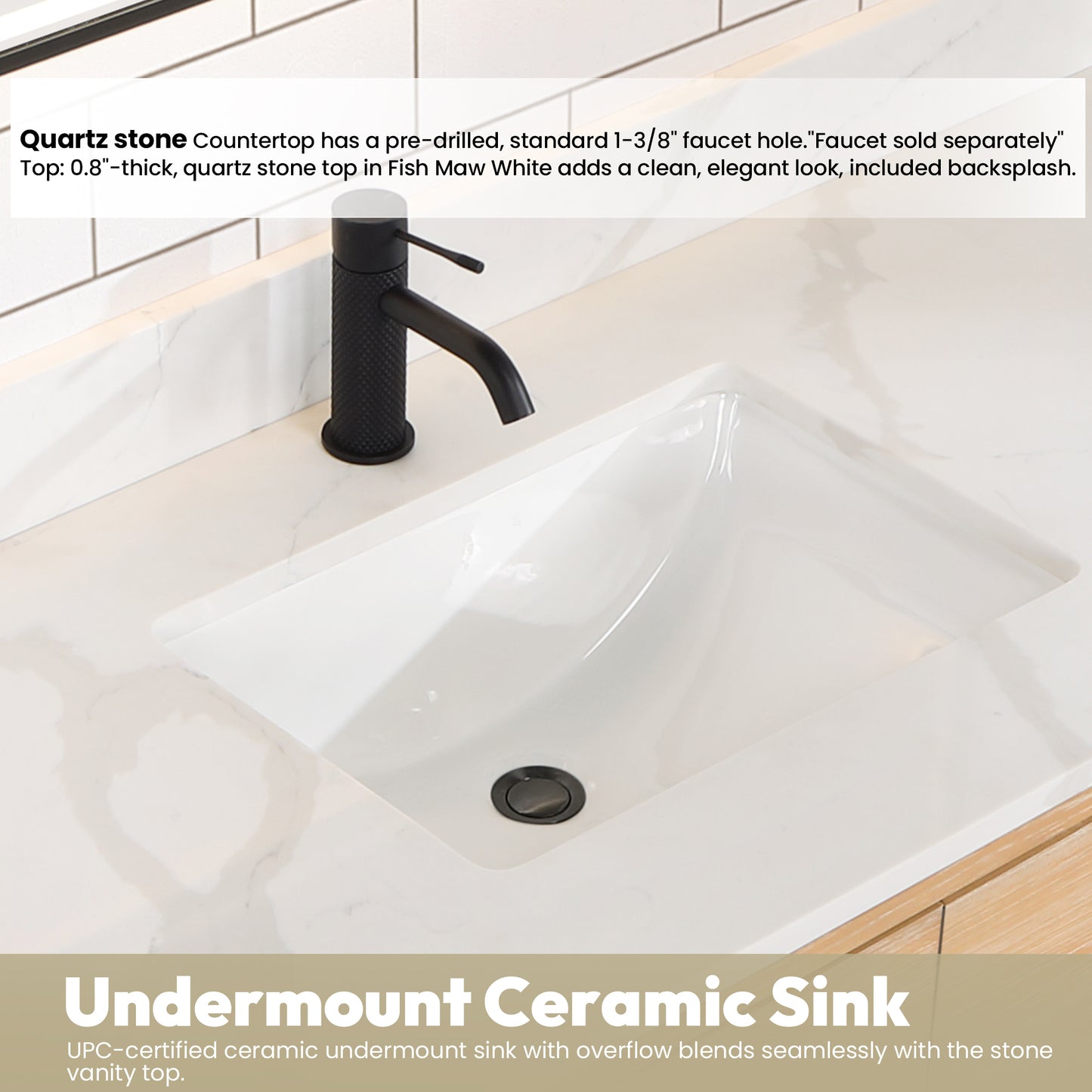 Vinnova, Cristo 55" Floating Single Bath Vanity in Fir Wood Brown with Fish Maw White Quartz Stone Top
