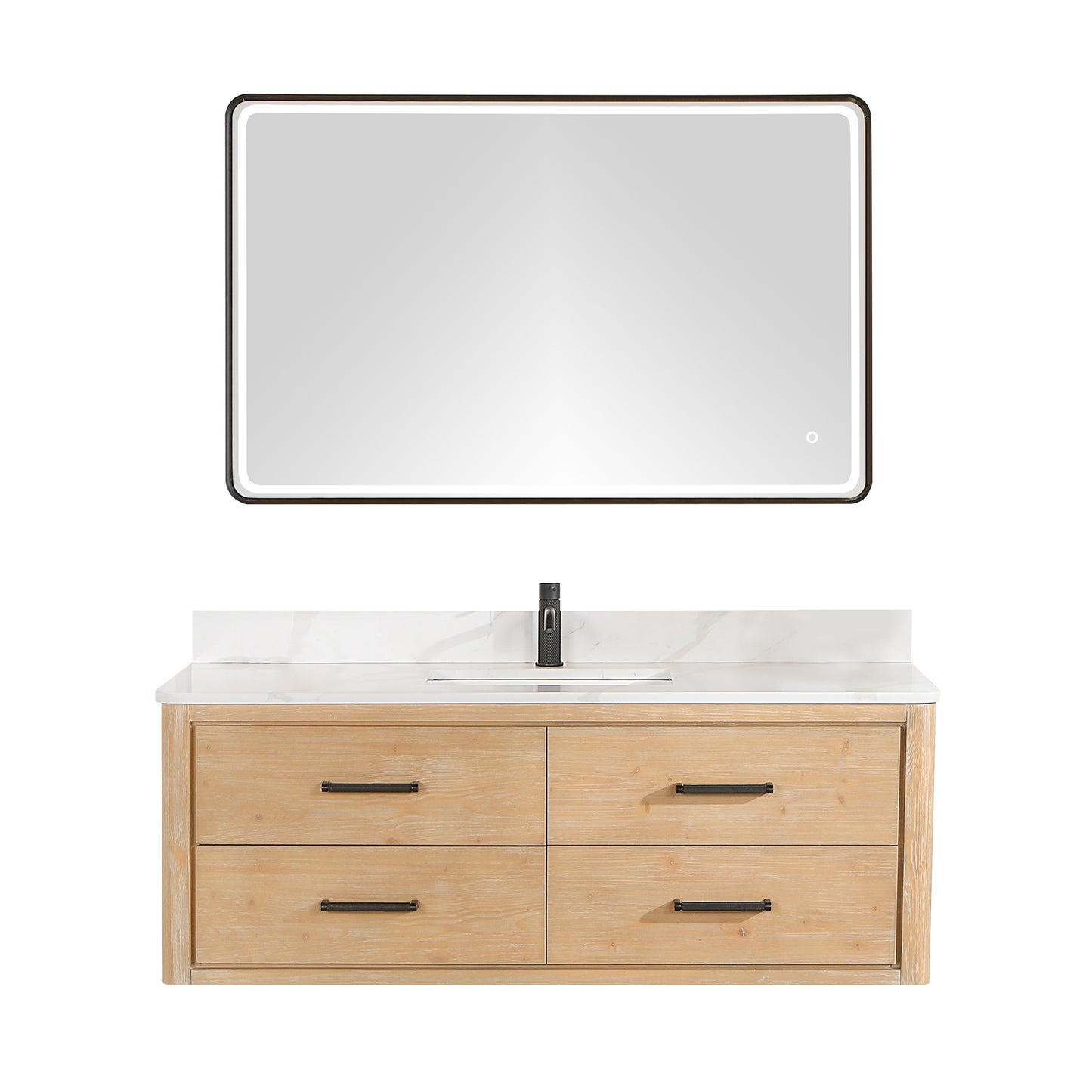 Vinnova, Cristo 55" Floating Single Bath Vanity in Fir Wood Brown with Fish Maw White Quartz Stone Top and Mirror