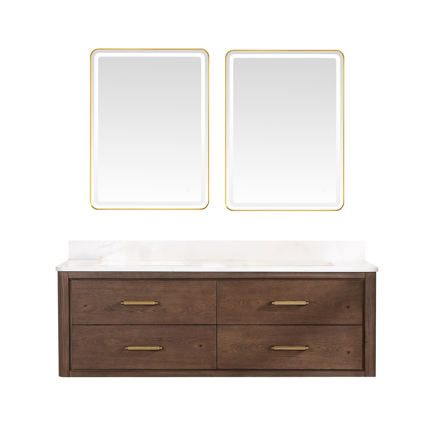 Vinnova, Cristo 60M" Floating Double Bath Vanity in Aged Dark Brown Oak with Fish Maw White Quartz Stone Top and Mirror